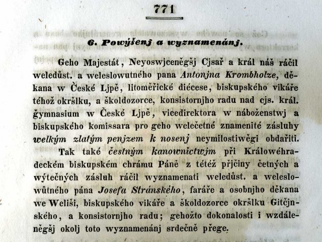 Oznámení o vyznamenání pro Antona Krombholze v Časopise pro katolické duchowenstwo, ročník 18/1845