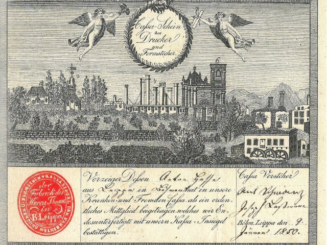 Klášter a malý mlýn po požáru v roce 1820 na pokladním listu z Thumeho kartounky