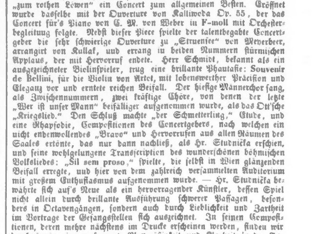 Recenze na českolipský koncert Václava Studničky v deníku Bohemia z 19. září 1847.