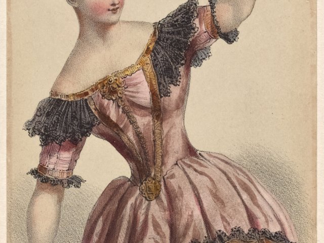 Fanny Elssler jako Florinda v tanci La Cachucha z baletu Le Diable boiteux z roku 1836 Coralli / Gide . Paříž, 1836