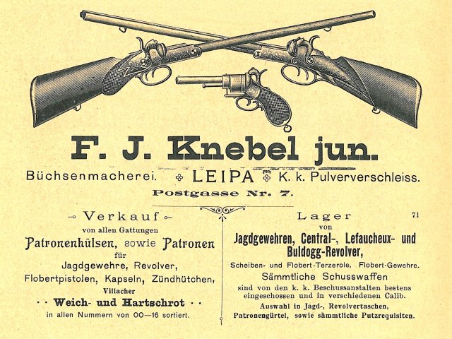 Reklama puškařství Franze Josefa Knebela v českolipském adresáři (Adresář 1899, nestr.).